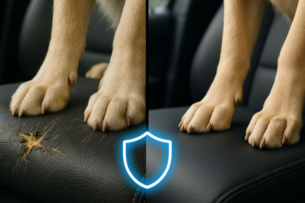 A dog is sitting on a quilted car seat cover. The car is a modern SUV.