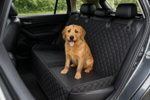A dog comfortably sitting on a hard bottom dog seat cover in the backseat of a vehicle, protecting the car's upholstery.