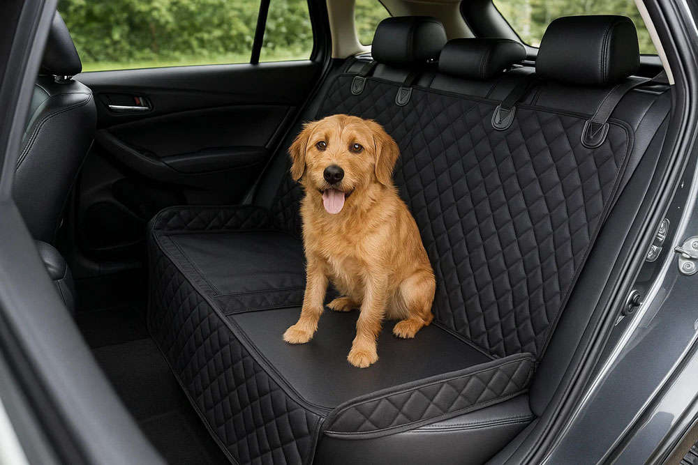 A dog comfortably sitting on a hard bottom dog seat cover in the backseat of a vehicle, protecting the car's upholstery.