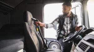 Premium seat covers installed inside a semi truck cab