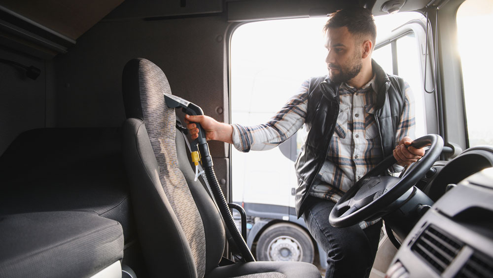 Premium seat covers installed inside a semi truck cab