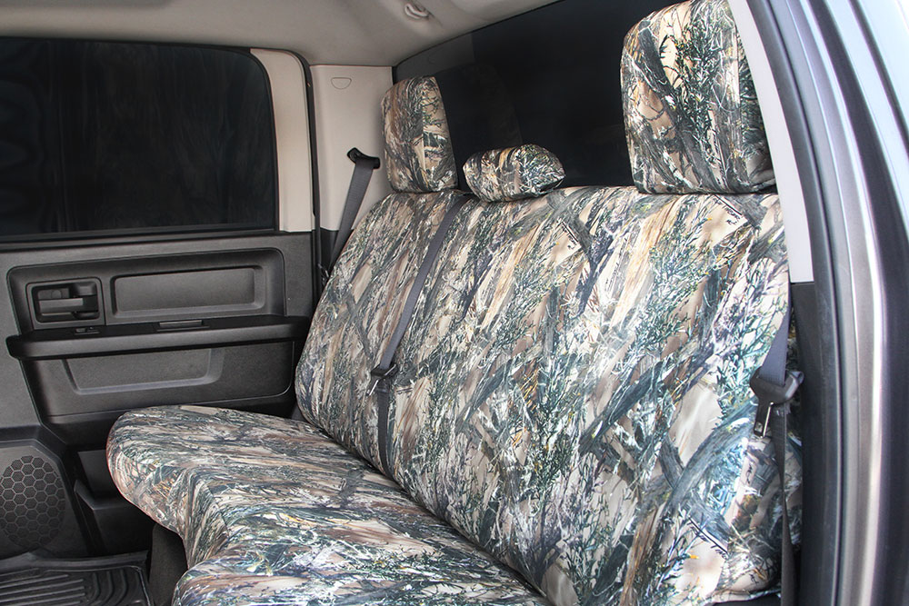 Custom bench seat covers installed in a Toyota Pickup interior