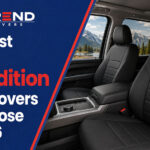 Hero image for The Best Ford Expedition Seat Covers to Choose in 2026 showing a Ford Expedition front cabin with custom-fit black seat covers, scenic mountain views outside, and CalTrend blue, red, and white branding.