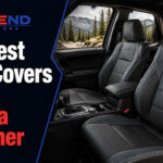The Best Seat Covers For Toyota 4Runner showing a Toyota 4Runner interior with custom-fit CalTrend seat covers, mountain scenery outside, and bold blue, red, and white CalTrend branding.