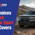 Exterior Ford Bronco Sport parked in a mountain setting beside CalTrend branding and the headline Top Choices for Ford Bronco Sport Seat Covers.