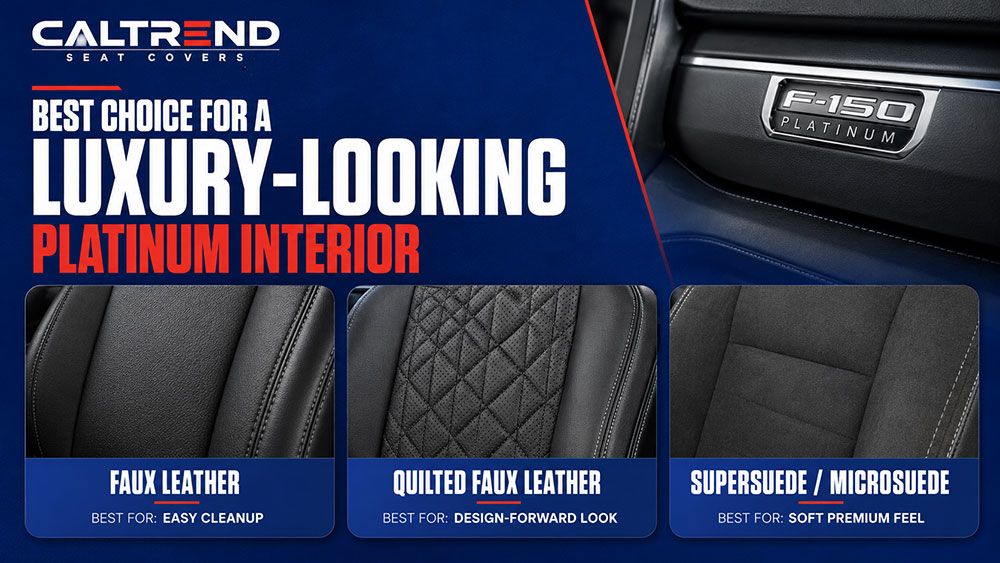 Technical infographic highlighting key 2026 Ford F-150 Platinum seat considerations including heated and ventilated seating, seat-mounted side airbags, and access to power and multicontour controls.
