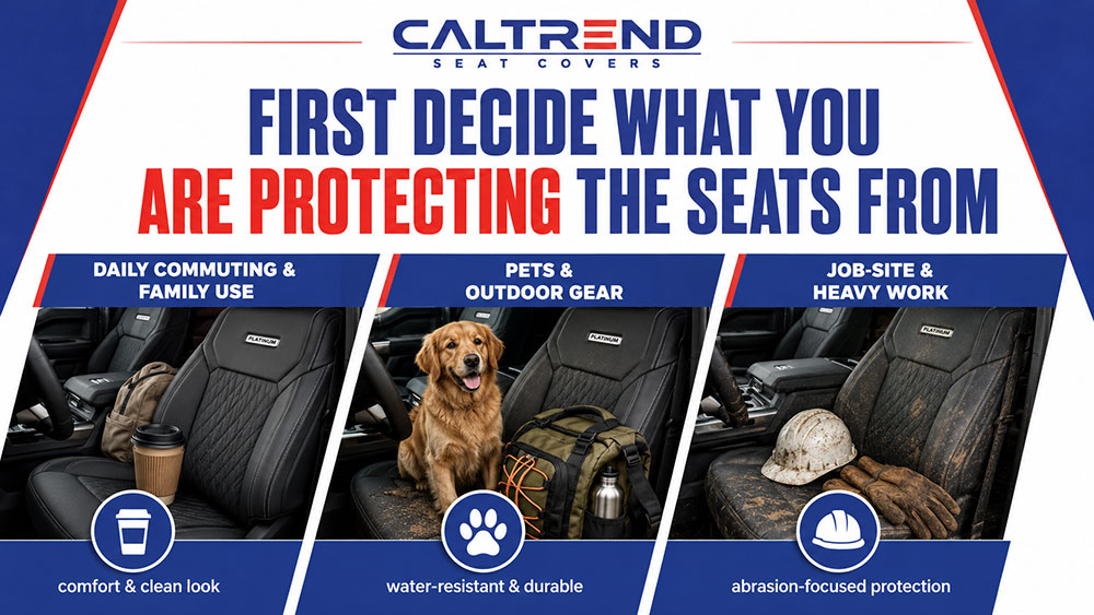 Material comparison graphic for a luxury-looking Ford F-150 Platinum interior featuring faux leather, quilted faux leather, and SuperSuede or MicroSuede seat-cover options.