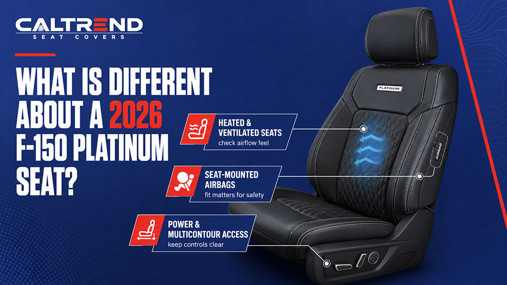 Infographic for Ford F-150 Platinum owners comparing three seat-cover use cases: daily commuting and family use, pets and outdoor gear, and job-site or heavy work protection.